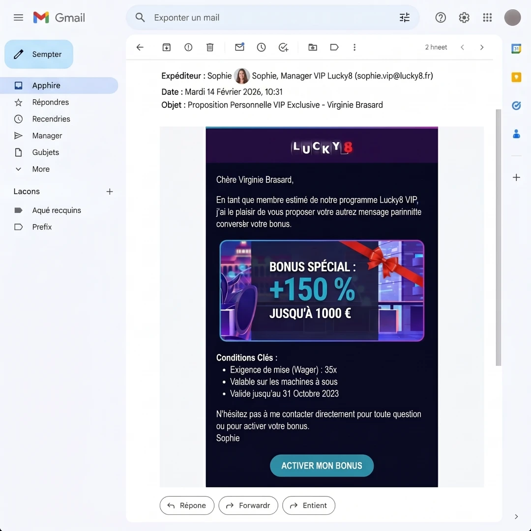 Lucky8 programme VIP - offre exclusive du manager avec bonus personnalisé