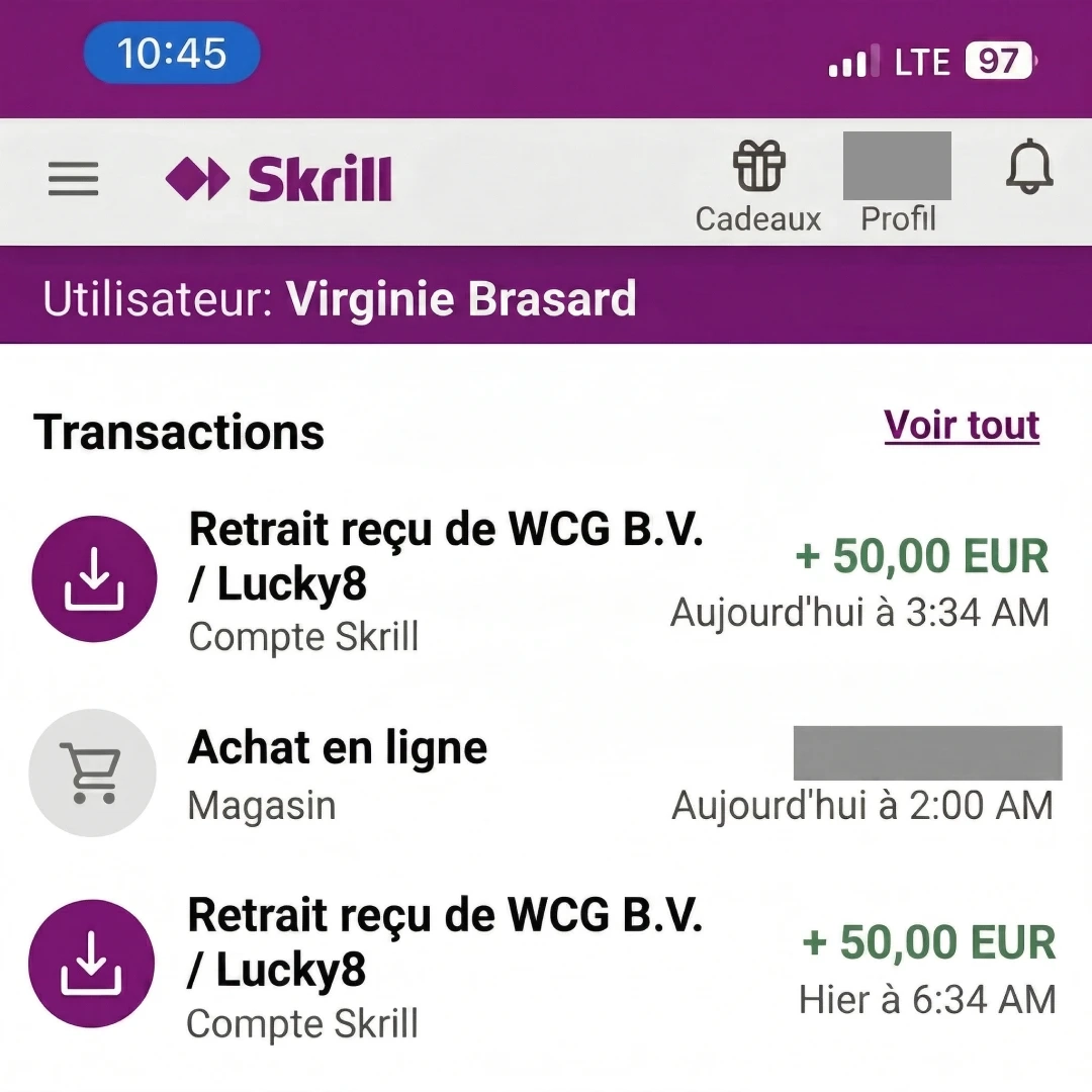 Lucky8 retrait Skrill - preuve de paiement reçu sur compte joueur