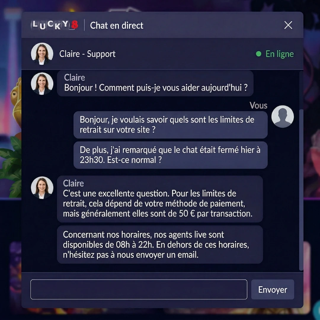 Lucky8 support client - chat en direct avec réponse en français sur les retraits
